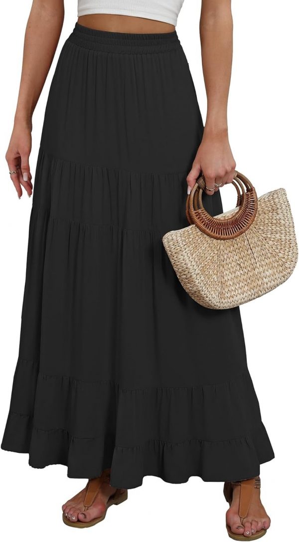 Womens Maxi Skirt Elastic High Waist Swing Tiered A-line Flowy Pleated Boho Beach Vacation Long Skirts - Image 3