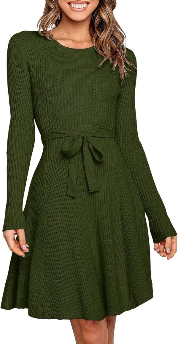 Women's Long Sleeve Midi Dress Crewneck Tie Waist A-Line Swing Casual Bodycon Ribbed Knit 2025 Fall Sweater Dress - Image 4