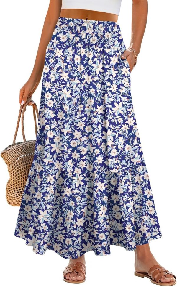 Maxi Skirts for Women 2025 Summer Boho Long Flowy Floral Elastic High Waist Skirt Casual Travel Skirt with Pockets - Image 2