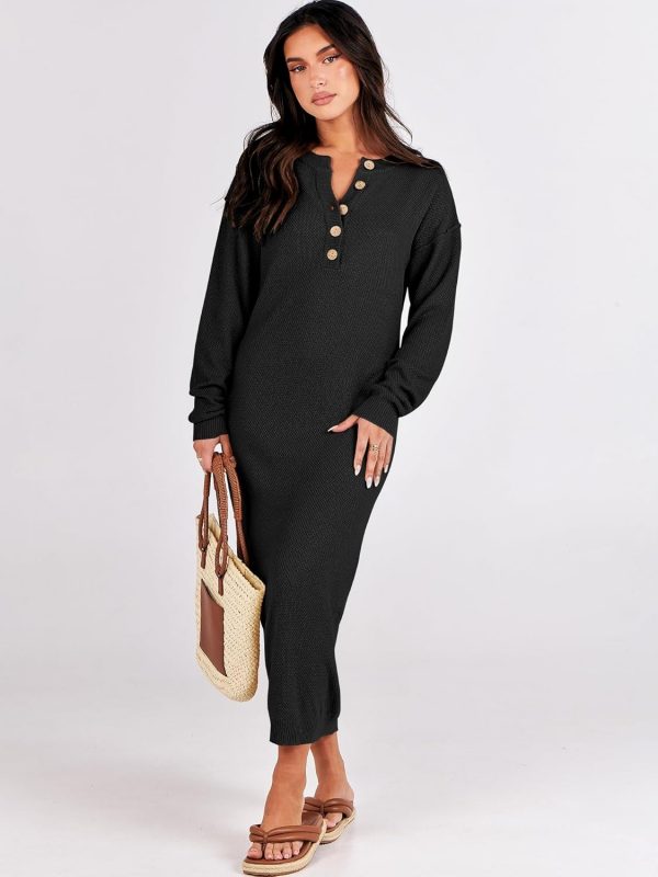 Women Long Sleeve Button V Neck Oversized Casual Loose Fit Waffle Knit Fall Midi Sweater Dress 2025 Trendy Outfits - Image 3