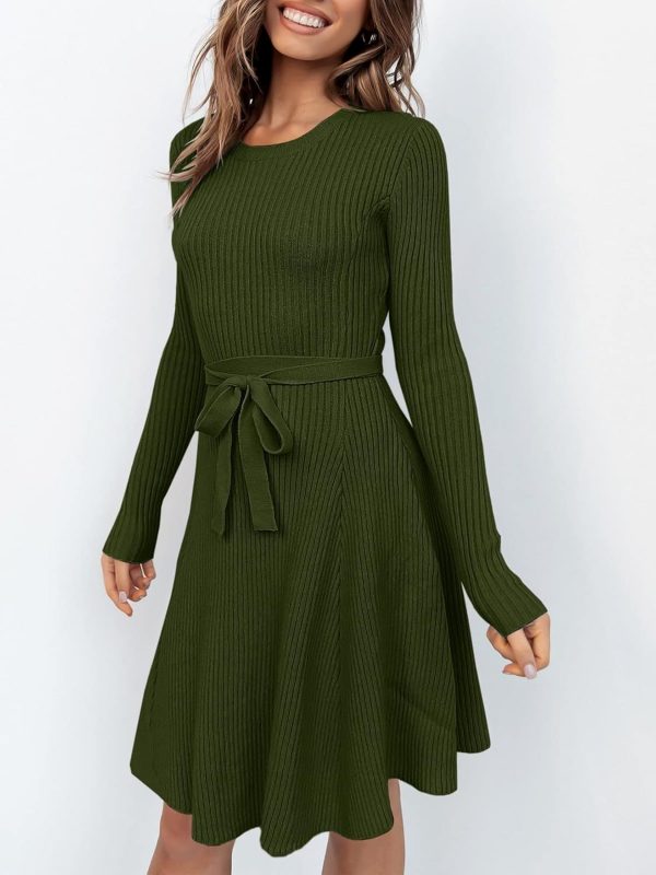 Women's Long Sleeve Midi Dress Crewneck Tie Waist A-Line Swing Casual Bodycon Ribbed Knit 2025 Fall Sweater Dress - Image 3