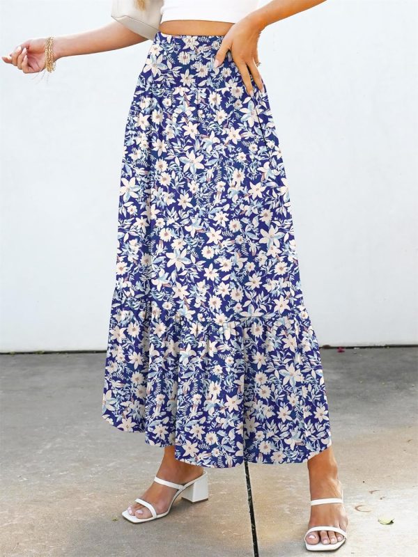 Maxi Skirts for Women 2025 Summer Boho Long Flowy Floral Elastic High Waist Skirt Casual Travel Skirt with Pockets - Image 3