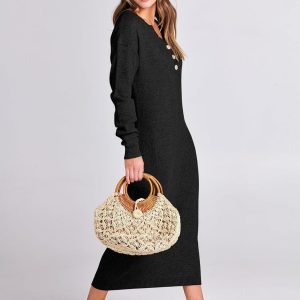 Women Long Sleeve Button V Neck Oversized Casual Loose Fit Waffle Knit Fall Midi Sweater Dress 2025 Trendy Outfits