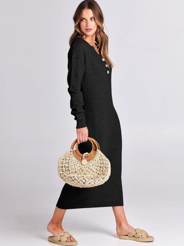 Women Long Sleeve Button V Neck Oversized Casual Loose Fit Waffle Knit Fall Midi Sweater Dress 2025 Trendy Outfits