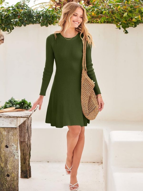 Women's Long Sleeve Midi Dress Crewneck Tie Waist A-Line Swing Casual Bodycon Ribbed Knit 2025 Fall Sweater Dress - Image 2