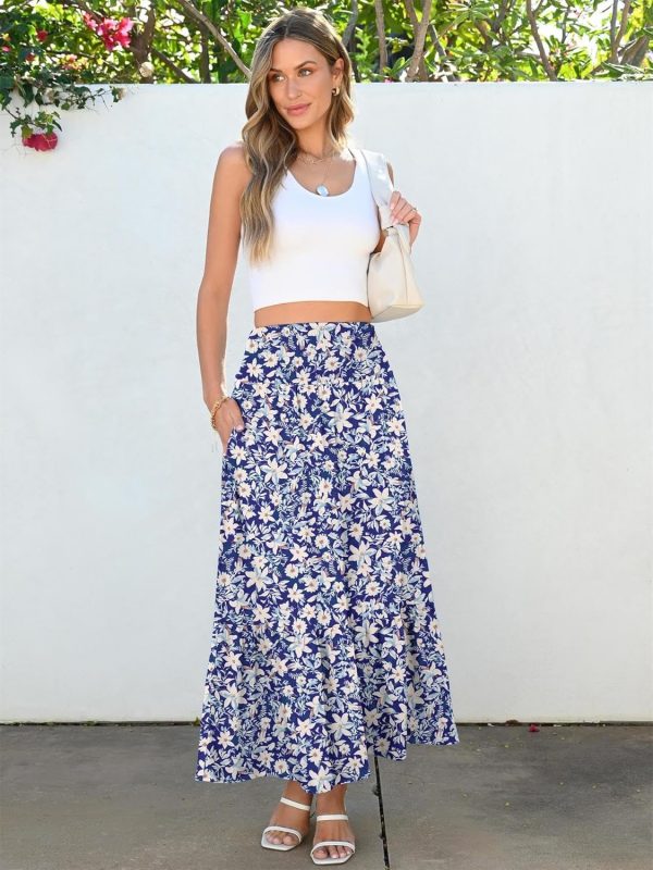 Maxi Skirts for Women 2025 Summer Boho Long Flowy Floral Elastic High Waist Skirt Casual Travel Skirt with Pockets