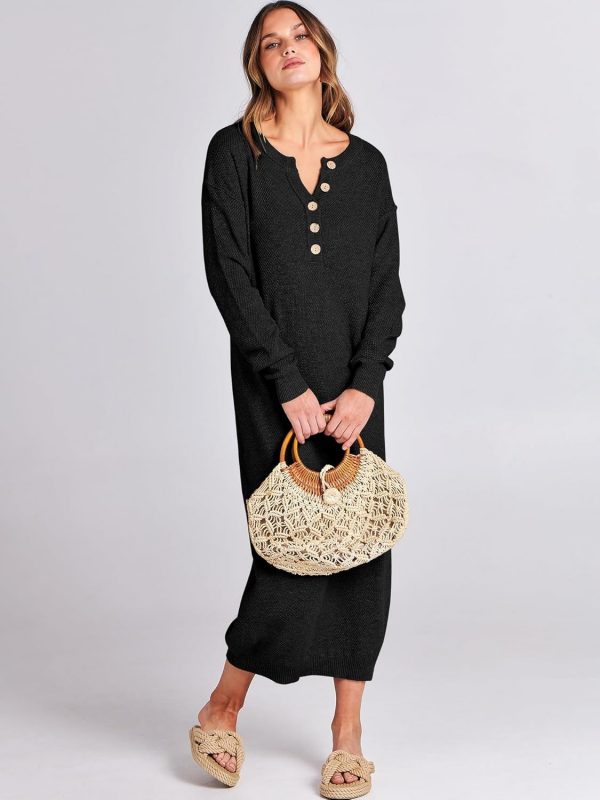 Women Long Sleeve Button V Neck Oversized Casual Loose Fit Waffle Knit Fall Midi Sweater Dress 2025 Trendy Outfits - Image 2