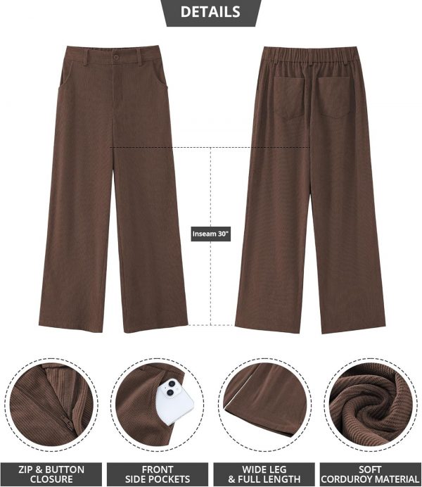 GRAPENT Corduroy Wide Leg Pants Woman High Waisted Fall Business Casual Elastic Waist Loose Trendy Trousers with Pockets - Image 4