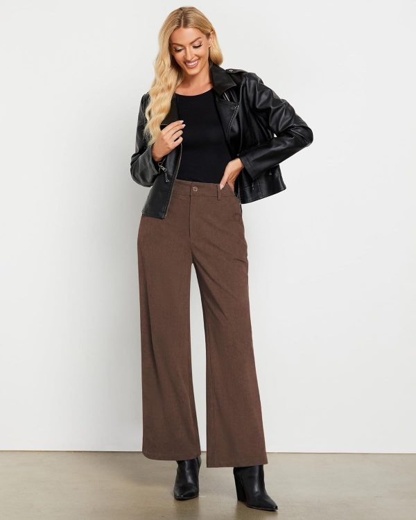 GRAPENT Corduroy Wide Leg Pants Woman High Waisted Fall Business Casual Elastic Waist Loose Trendy Trousers with Pockets