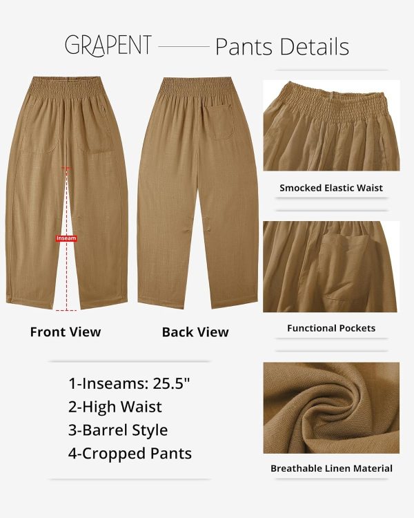 GRAPENT Linen Pants Women Wide Leg High Waisted Cropped Barrel Pull On Smocked Elastic Waist Summer Pants with Pockets - Image 3