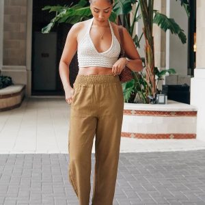 GRAPENT Linen Pants Women Wide Leg High Waisted Cropped Barrel Pull On Smocked Elastic Waist Summer Pants with Pockets