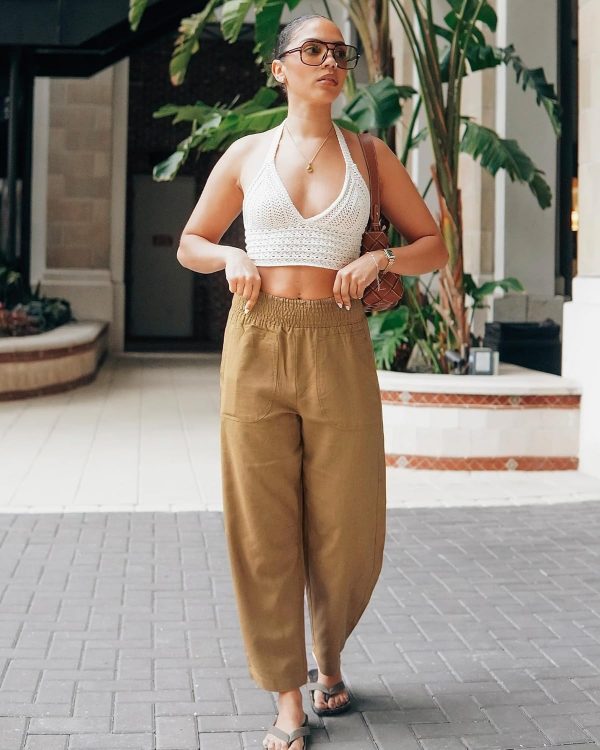 GRAPENT Linen Pants Women Wide Leg High Waisted Cropped Barrel Pull On Smocked Elastic Waist Summer Pants with Pockets - Image 4