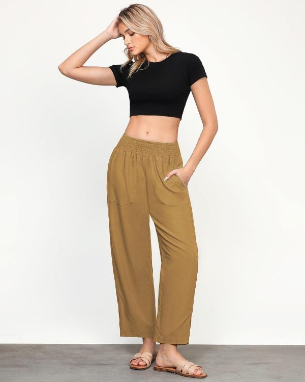 GRAPENT Linen Pants Women Wide Leg High Waisted Cropped Barrel Pull On Smocked Elastic Waist Summer Pants with Pockets - Image 5