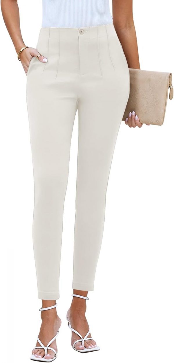 Women Dressy Casual High Waisted Pleated Pants Lightweight Stretch Slim Ankle Trousers Pants - Image 8