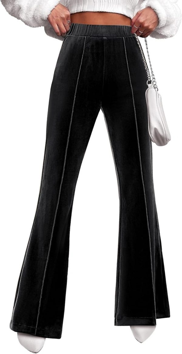 GRAPENT Flare Velvet Pants for Women High Waisted Wide Leg Stretch Elastic Waist Pull On Trousers Front Seam Slacks - Image 2