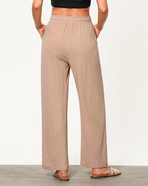 GRAPENT Linen Pants for Women Wide Leg High Waisted Baggy Drawstring Elastic Waist Palazzo Trousers Pants with Pockets - Image 2