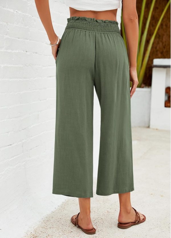 GRAPENT Capri Pants for Women High Waisted Wide Leg Linen Palazzo Trousers Pull On Elastic Smock Waist Loose Flowy Pants - Image 2