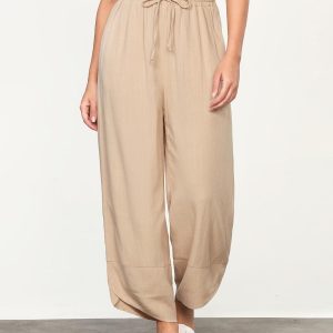 GRAPENT Linen Pants Women High Waisted Wide Leg Casual Beach Pull On Elastic Waist Summer Cropped Pants with Pockets