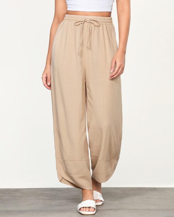 GRAPENT Linen Pants Women High Waisted Wide Leg Casual Beach Pull On Elastic Waist Summer Cropped Pants with Pockets