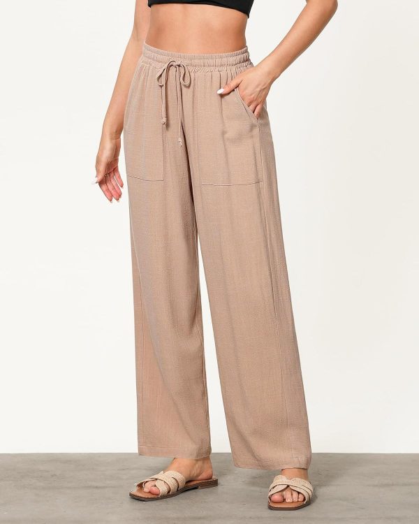 GRAPENT Linen Pants for Women Wide Leg High Waisted Baggy Drawstring Elastic Waist Palazzo Trousers Pants with Pockets