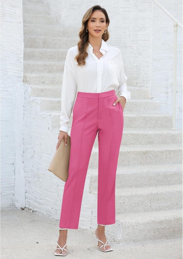 Women High Waisted Work Pants Dressy Casual Straight Leg Elastic Waist Cropped Trousers Ankle Slacks - Image 4