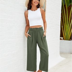 GRAPENT Capri Pants for Women High Waisted Wide Leg Linen Palazzo Trousers Pull On Elastic Smock Waist Loose Flowy Pants