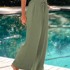 GRAPENT Wide Leg Pants Woman Linen High Waisted Pull On Flowy Casual Baggy Drawstring Palazzo Trousers Pants Resort Wear