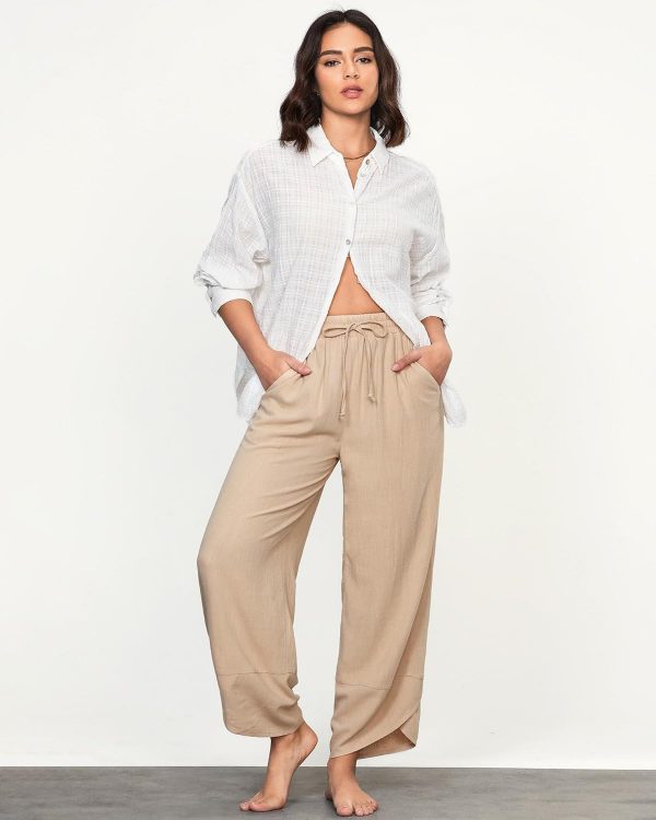 GRAPENT Linen Pants Women High Waisted Wide Leg Casual Beach Pull On Elastic Waist Summer Cropped Pants with Pockets - Image 3
