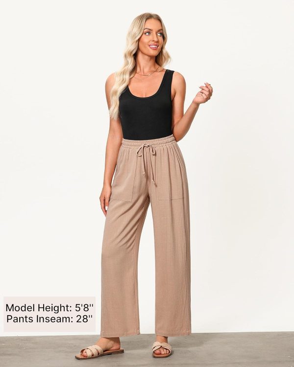 GRAPENT Linen Pants for Women Wide Leg High Waisted Baggy Drawstring Elastic Waist Palazzo Trousers Pants with Pockets - Image 3