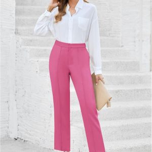 Women High Waisted Work Pants Dressy Casual Straight Leg Elastic Waist Cropped Trousers Ankle Slacks