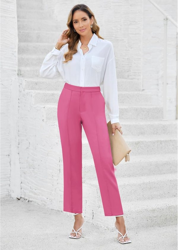 Women High Waisted Work Pants Dressy Casual Straight Leg Elastic Waist Cropped Trousers Ankle Slacks