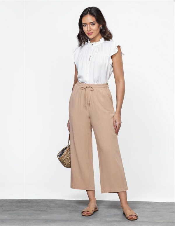 GRAPENT Linen Pants for Women High Waisted Wide Leg Capri Elastic Waist Casual Beach Flowy Cropped Summer Capris Pants - Image 4