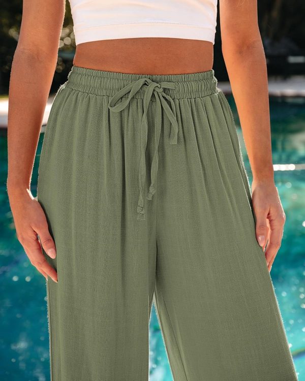 GRAPENT Wide Leg Pants Woman Linen High Waisted Pull On Flowy Casual Baggy Drawstring Palazzo Trousers Pants Resort Wear - Image 3