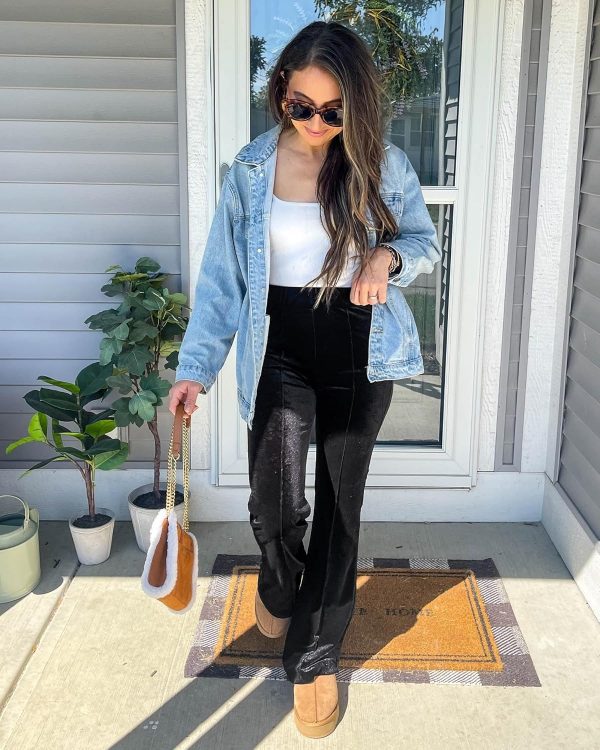 GRAPENT Flare Velvet Pants for Women High Waisted Wide Leg Stretch Elastic Waist Pull On Trousers Front Seam Slacks - Image 5