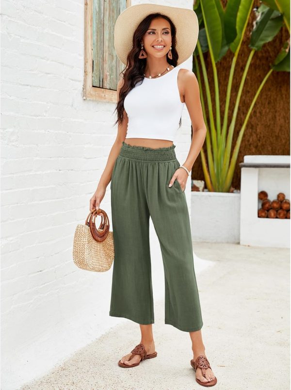GRAPENT Capri Pants for Women High Waisted Wide Leg Linen Palazzo Trousers Pull On Elastic Smock Waist Loose Flowy Pants - Image 3