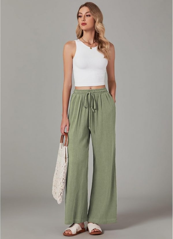 GRAPENT Wide Leg Pants Woman Linen High Waisted Pull On Flowy Casual Baggy Drawstring Palazzo Trousers Pants Resort Wear - Image 4