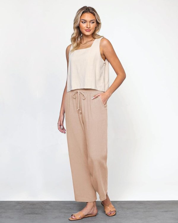 GRAPENT Linen Pants for Women High Waisted Wide Leg Capri Elastic Waist Casual Beach Flowy Cropped Summer Capris Pants - Image 5
