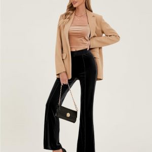 GRAPENT Flare Velvet Pants for Women High Waisted Wide Leg Stretch Elastic Waist Pull On Trousers Front Seam Slacks