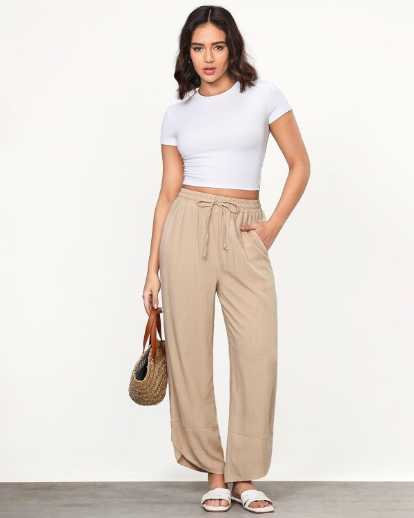 GRAPENT Linen Pants Women High Waisted Wide Leg Casual Beach Pull On Elastic Waist Summer Cropped Pants with Pockets - Image 4