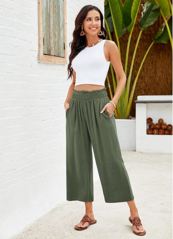 GRAPENT Capri Pants for Women High Waisted Wide Leg Linen Palazzo Trousers Pull On Elastic Smock Waist Loose Flowy Pants - Image 4