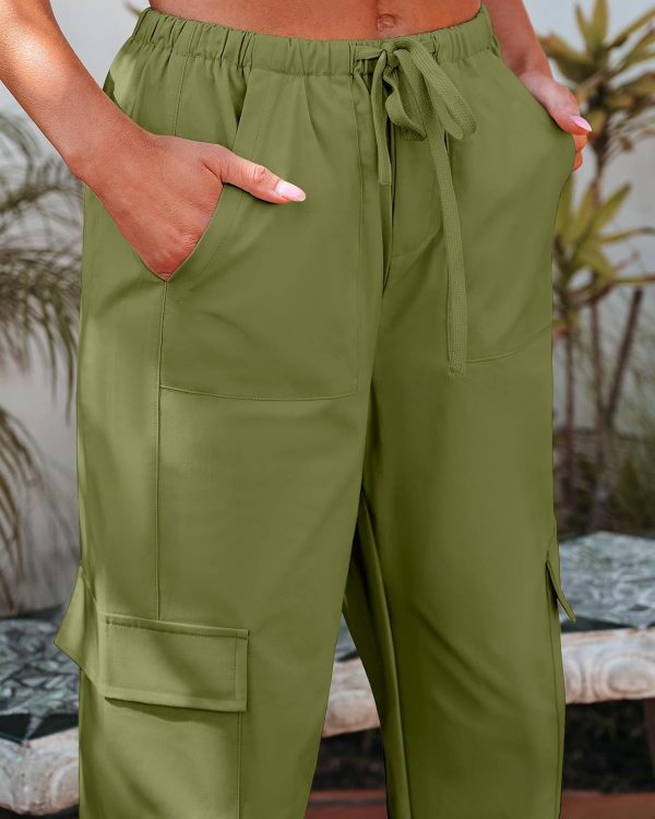 GRAPENT Wide Leg Pants Woman Cargo High Waisted Cotton Pull On Elastic Waist Drawstring Baggy Cinch Hem Joggers Pants - Image 4