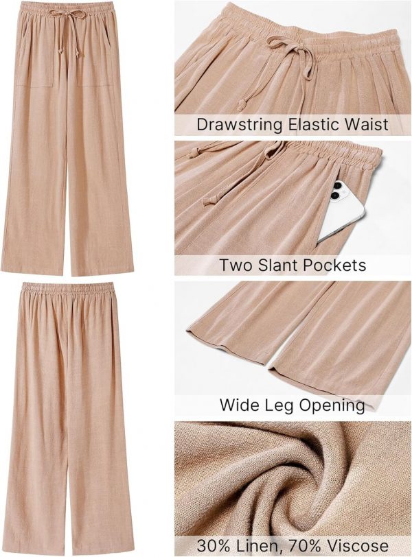 GRAPENT Linen Pants for Women Wide Leg High Waisted Baggy Drawstring Elastic Waist Palazzo Trousers Pants with Pockets - Image 4