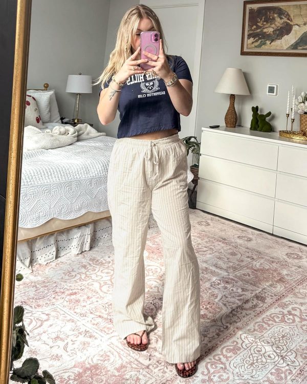 GRAPENT Striped Pants for Women High Waisted Wide Leg Cotton Linen Trendy Beach Pull on Elastic Waist Casual Flowy Pants - Image 3