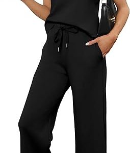 SAMPEEL Two Piece Sets for Women Summer Outfits Lounge Sets Mock Neck Tops Wide Leg Crop Pants Vacation Travel Outfits