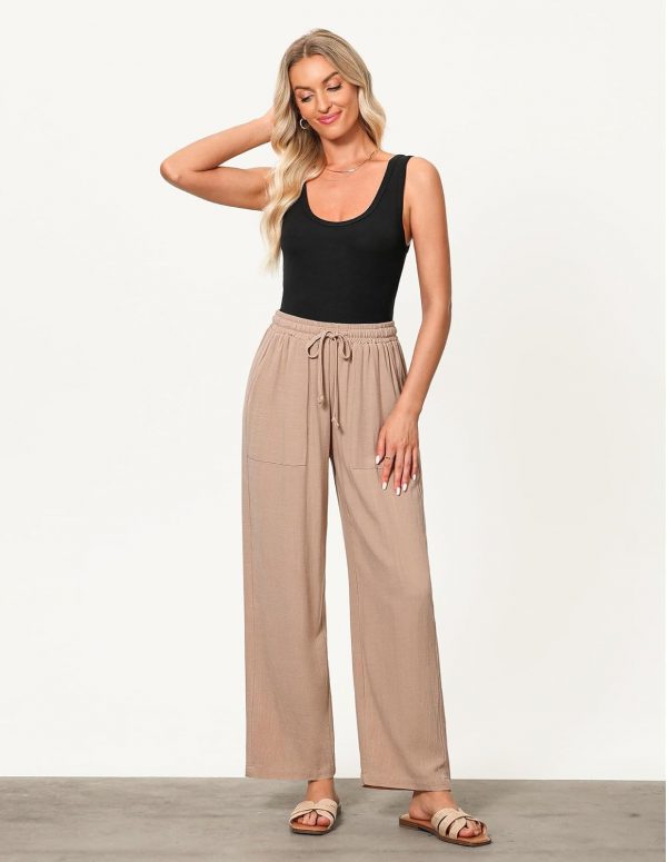 GRAPENT Linen Pants for Women Wide Leg High Waisted Baggy Drawstring Elastic Waist Palazzo Trousers Pants with Pockets - Image 5