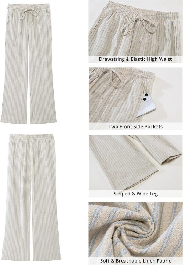 GRAPENT Striped Pants for Women High Waisted Wide Leg Cotton Linen Trendy Beach Pull on Elastic Waist Casual Flowy Pants - Image 4
