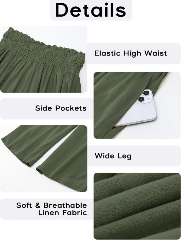 GRAPENT Capri Pants for Women High Waisted Wide Leg Linen Palazzo Trousers Pull On Elastic Smock Waist Loose Flowy Pants - Image 5