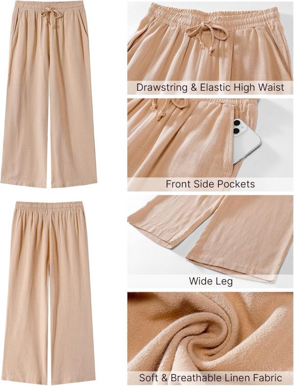 GRAPENT Linen Pants for Women High Waisted Wide Leg Capri Elastic Waist Casual Beach Flowy Cropped Summer Capris Pants - Image 6