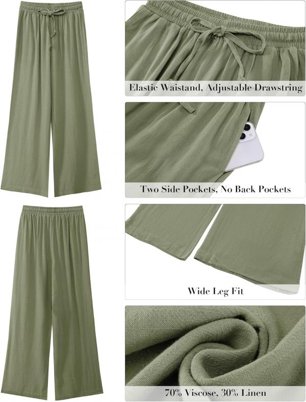 GRAPENT Wide Leg Pants Woman Linen High Waisted Pull On Flowy Casual Baggy Drawstring Palazzo Trousers Pants Resort Wear - Image 5