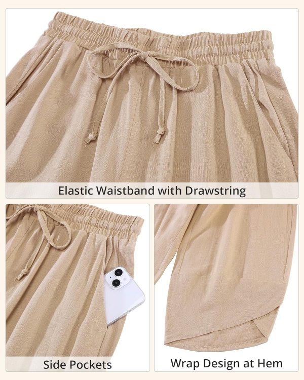 GRAPENT Linen Pants Women High Waisted Wide Leg Casual Beach Pull On Elastic Waist Summer Cropped Pants with Pockets - Image 5